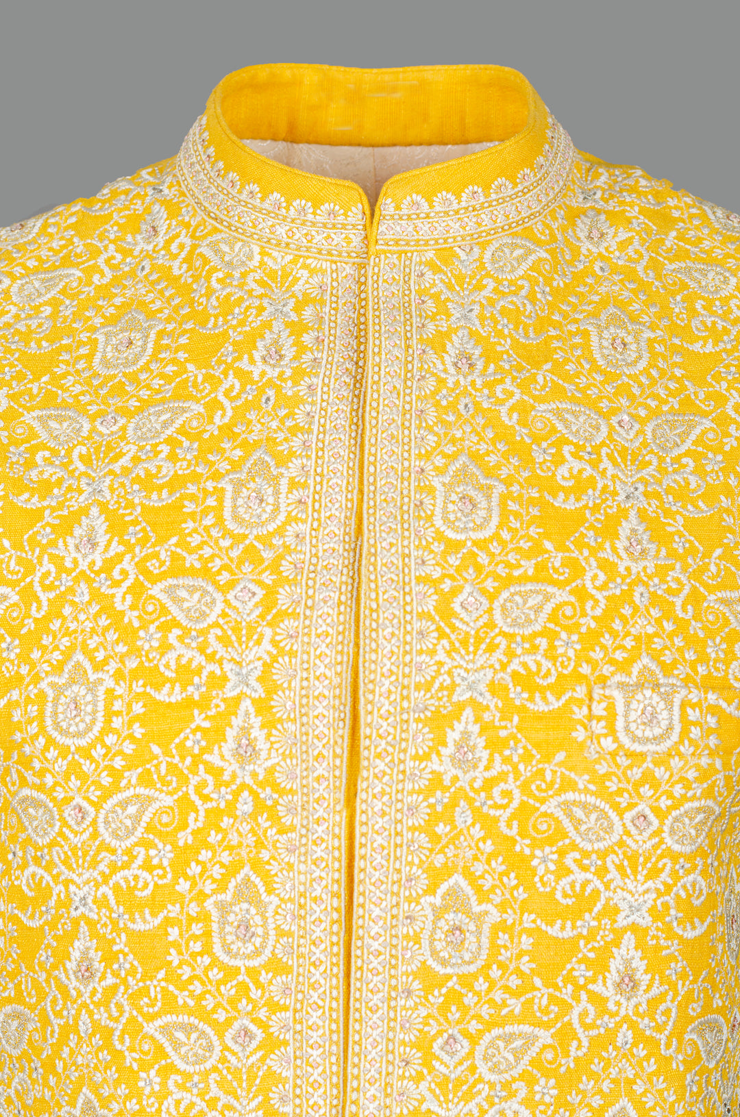 Men’s Yellow Matka Silk Bundi with Geometric Machine Embroidery