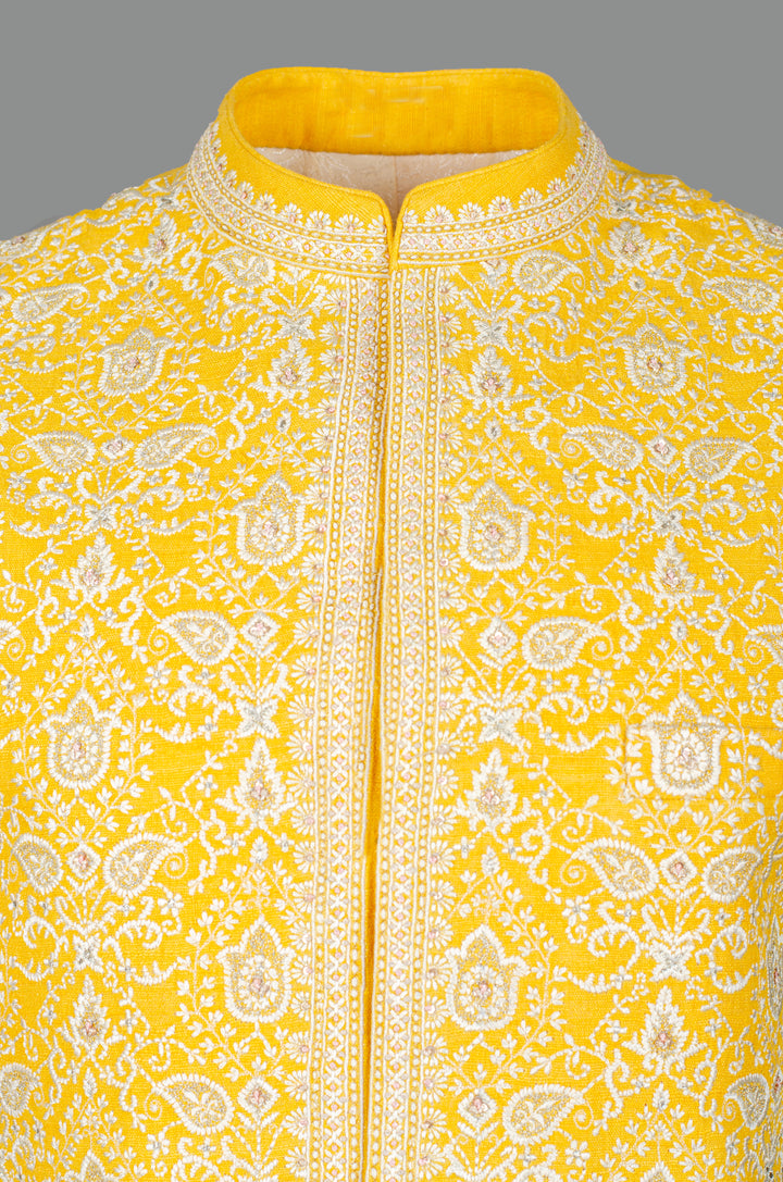 Men’s Yellow Matka Silk Bundi with Geometric Machine Embroidery