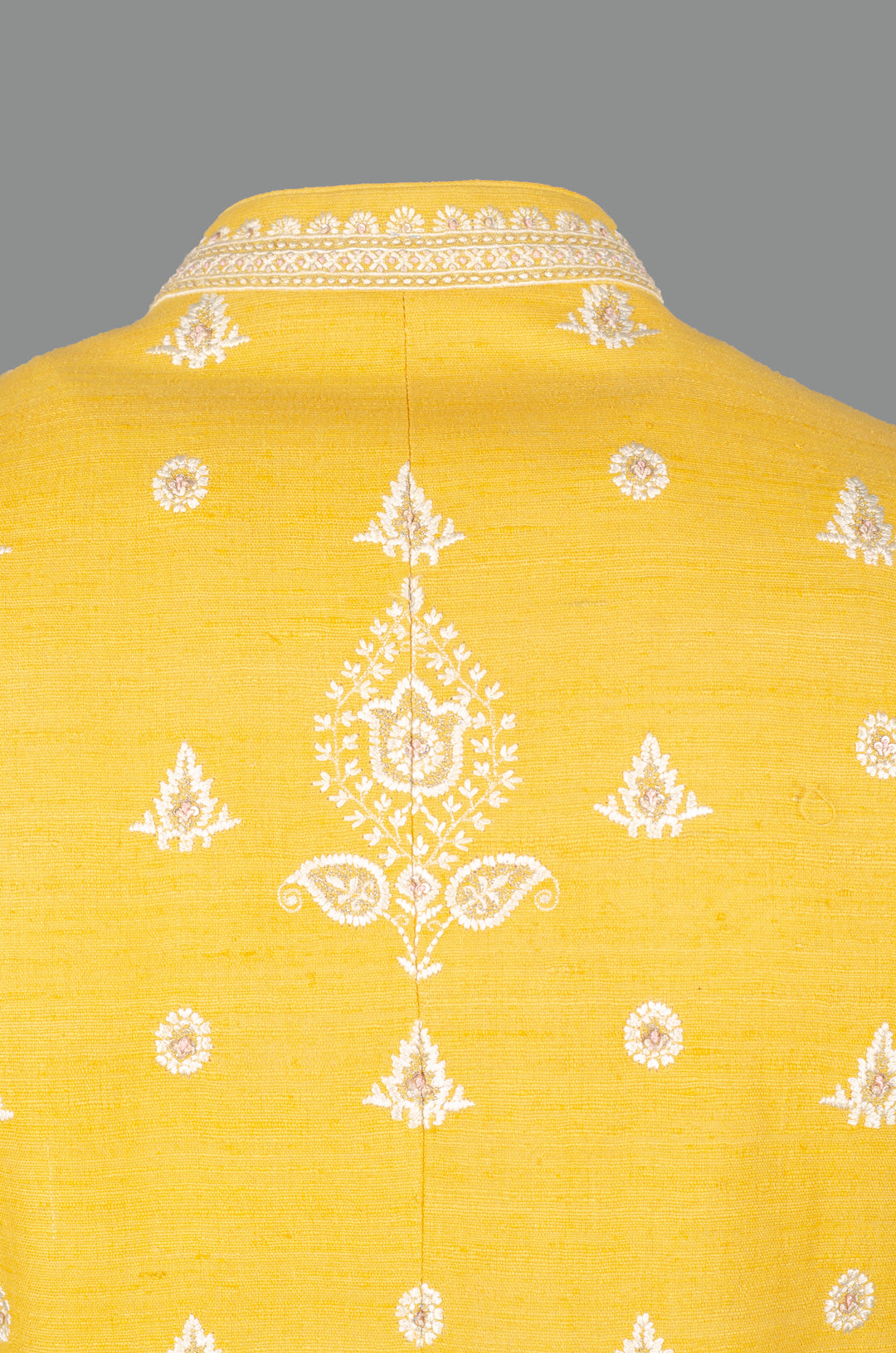 Men’s Yellow Matka Silk Bundi with Geometric Machine Embroidery