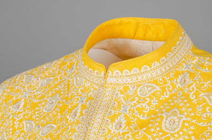 Men’s Yellow Matka Silk Bundi with Geometric Machine Embroidery
