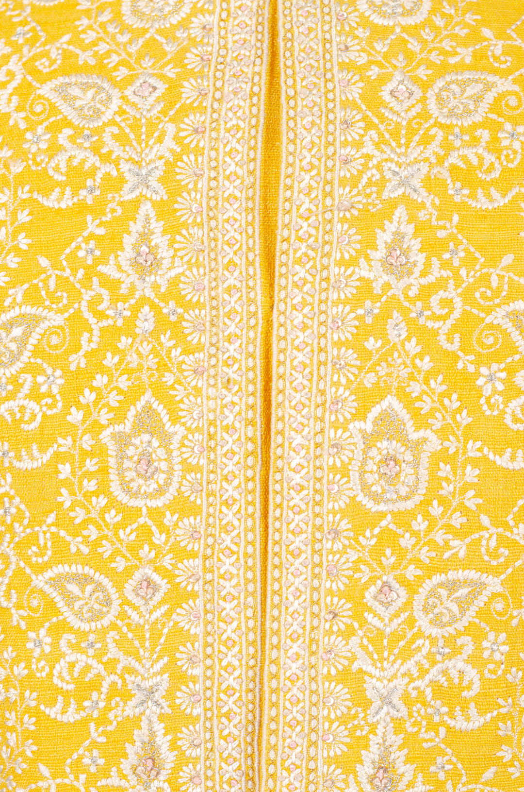 Men’s Yellow Matka Silk Bundi with Geometric Machine Embroidery