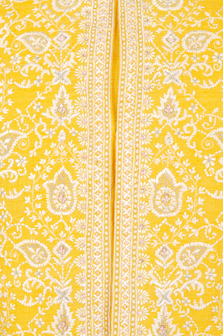 Men’s Yellow Matka Silk Bundi with Geometric Machine Embroidery