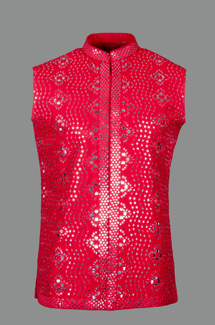 Men’s Red Silk Bundi with All-Over Mirror Work Machine Embroidery