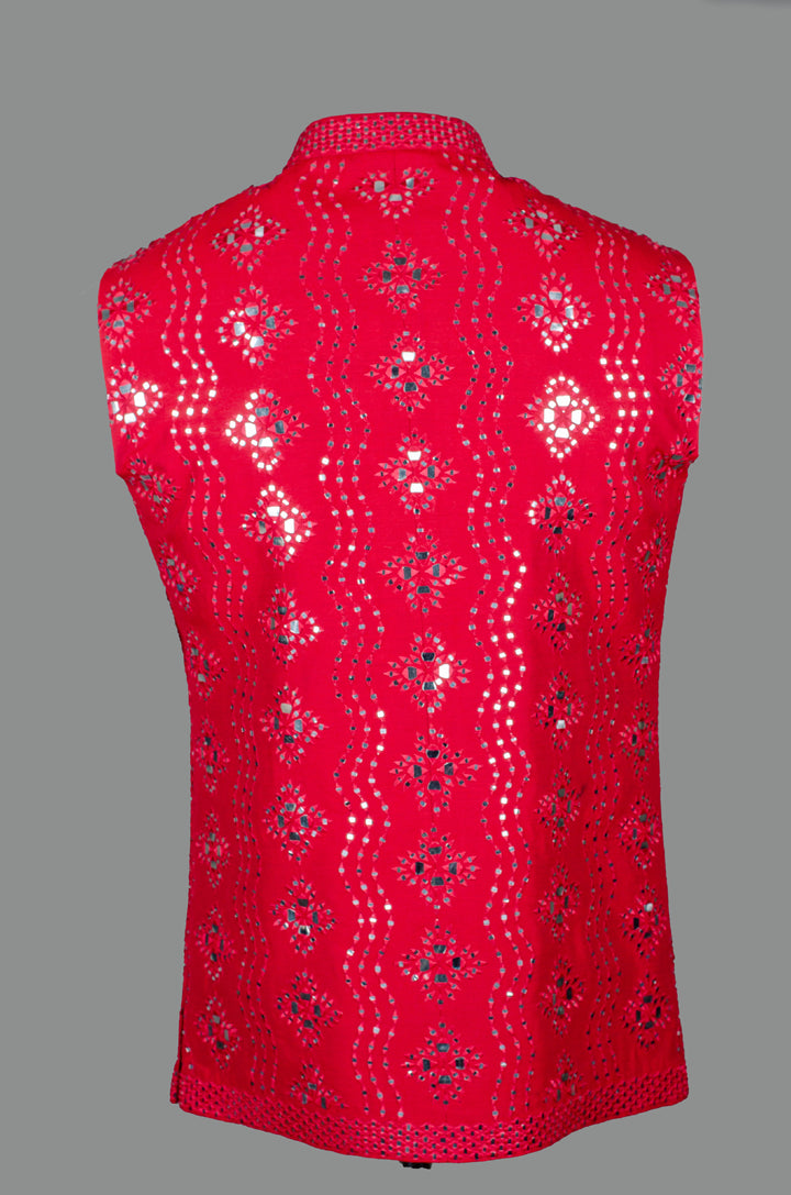 Men’s Red Silk Bundi with All-Over Mirror Work Machine Embroidery