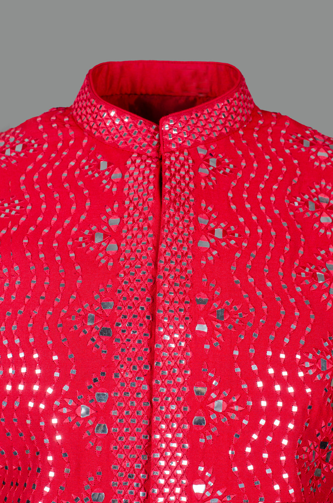 Men’s Red Silk Bundi with All-Over Mirror Work Machine Embroidery