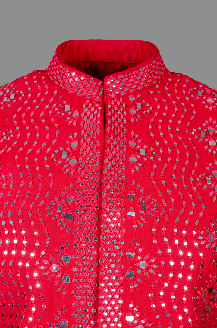 Men’s Red Silk Bundi with All-Over Mirror Work Machine Embroidery