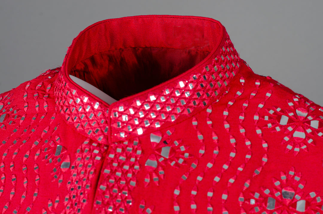 Men’s Red Silk Bundi with All-Over Mirror Work Machine Embroidery