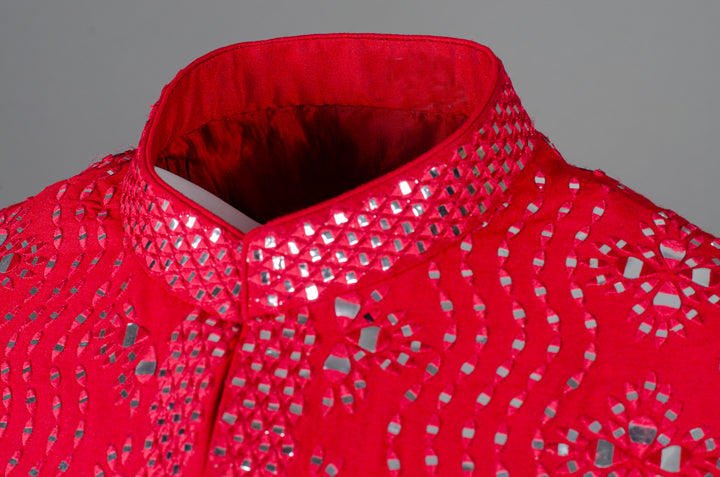 Men’s Red Silk Bundi with All-Over Mirror Work Machine Embroidery