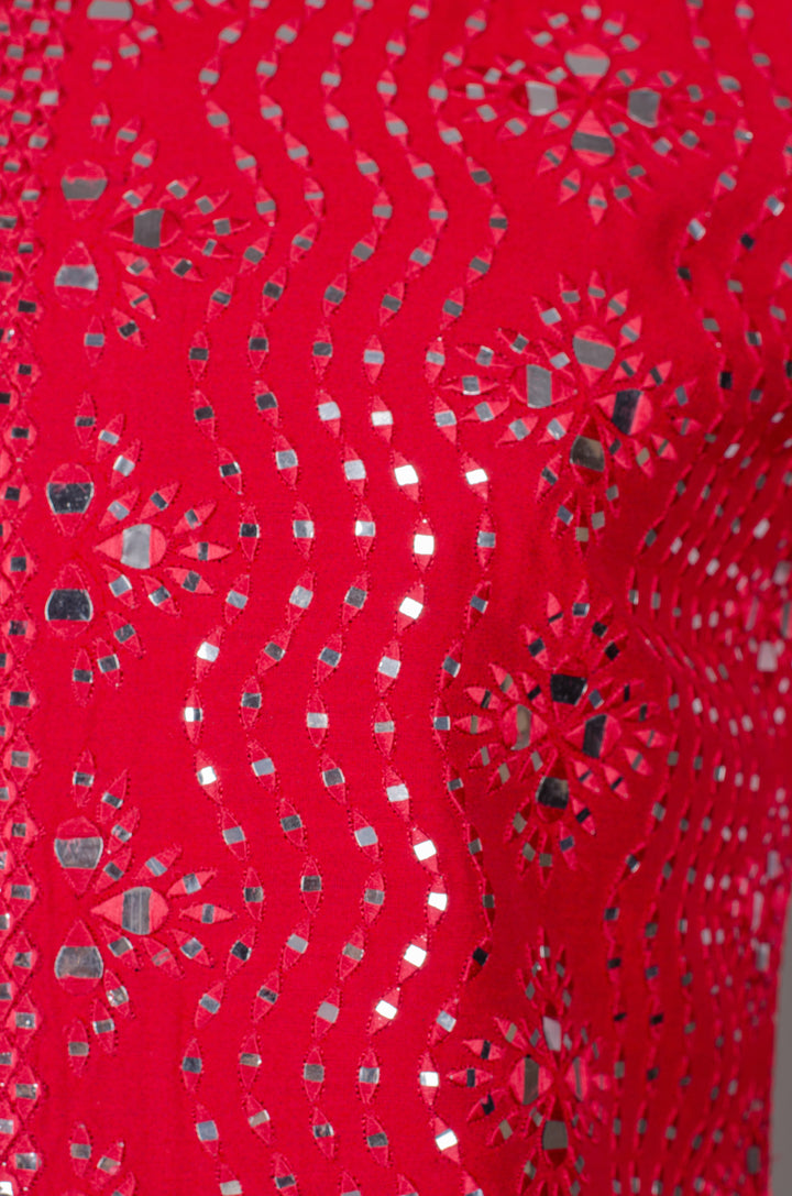 Men’s Red Silk Bundi with All-Over Mirror Work Machine Embroidery
