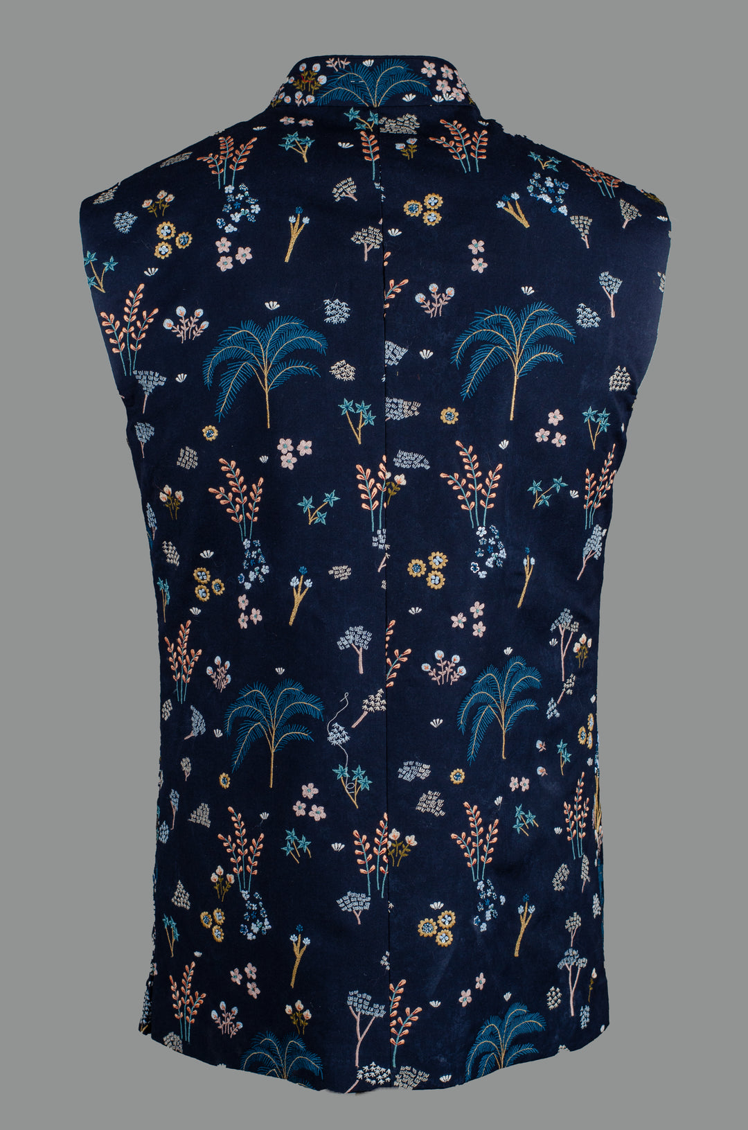 Men’s Navy Blue Silk Bundi with Floral & Booti Hand-Machine Embroidery