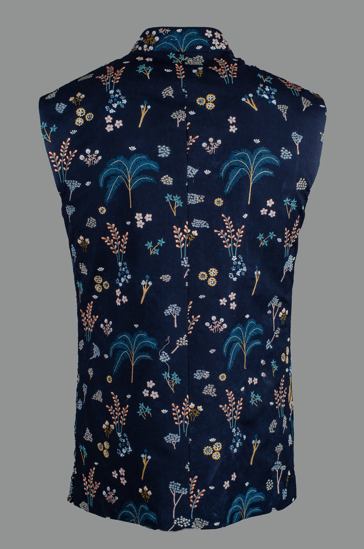 Men’s Navy Blue Silk Bundi with Floral & Booti Hand-Machine Embroidery