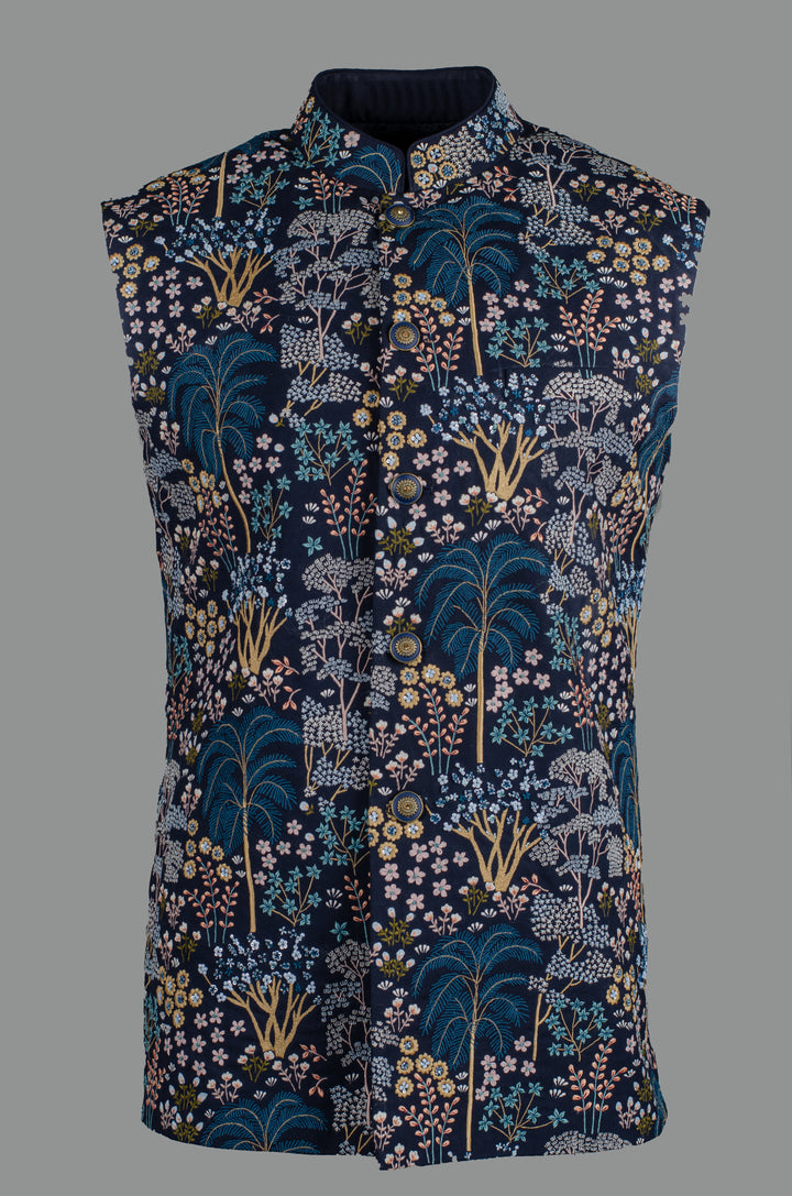Men’s Navy Blue Silk Bundi with Floral & Booti Hand-Machine Embroidery