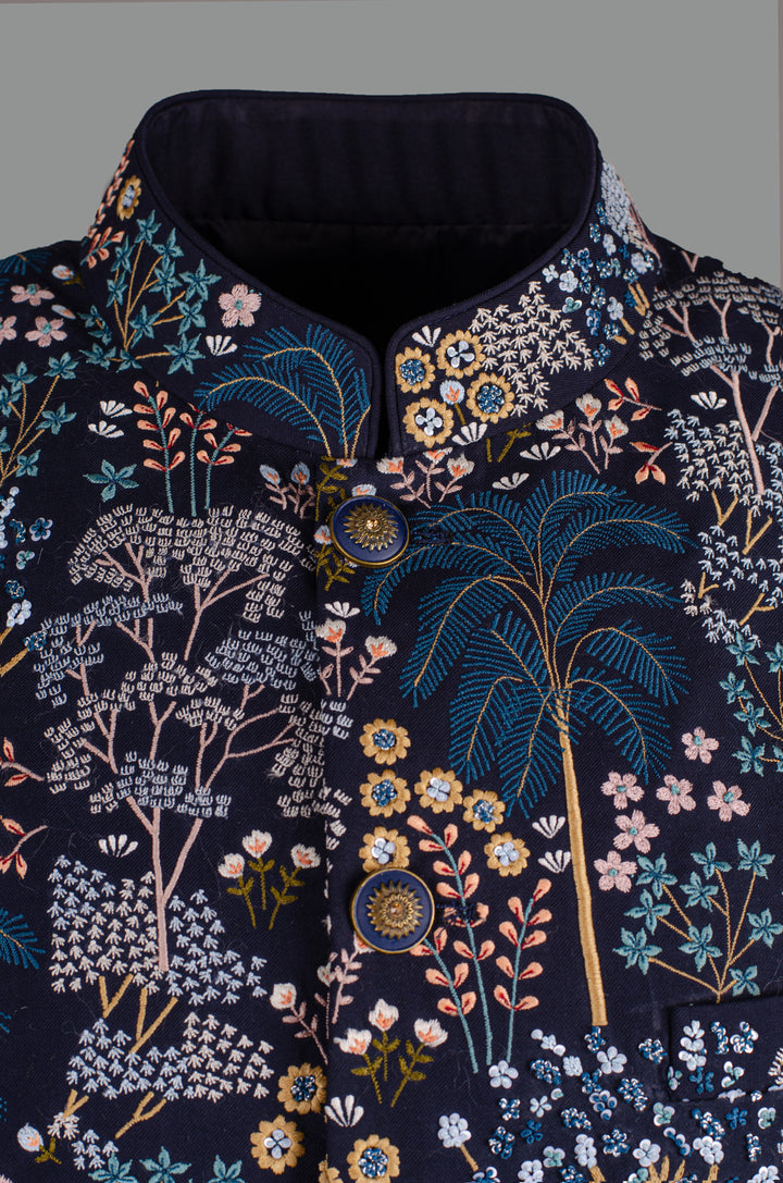 Men’s Navy Blue Silk Bundi with Floral & Booti Hand-Machine Embroidery