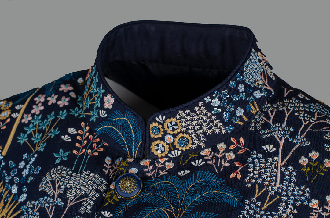Men’s Navy Blue Silk Bundi with Floral & Booti Hand-Machine Embroidery