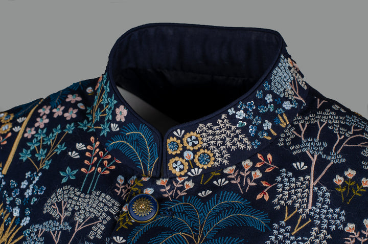 Men’s Navy Blue Silk Bundi with Floral & Booti Hand-Machine Embroidery