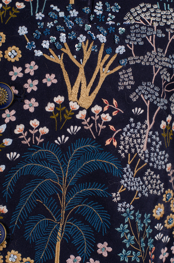 Men’s Navy Blue Silk Bundi with Floral & Booti Hand-Machine Embroidery