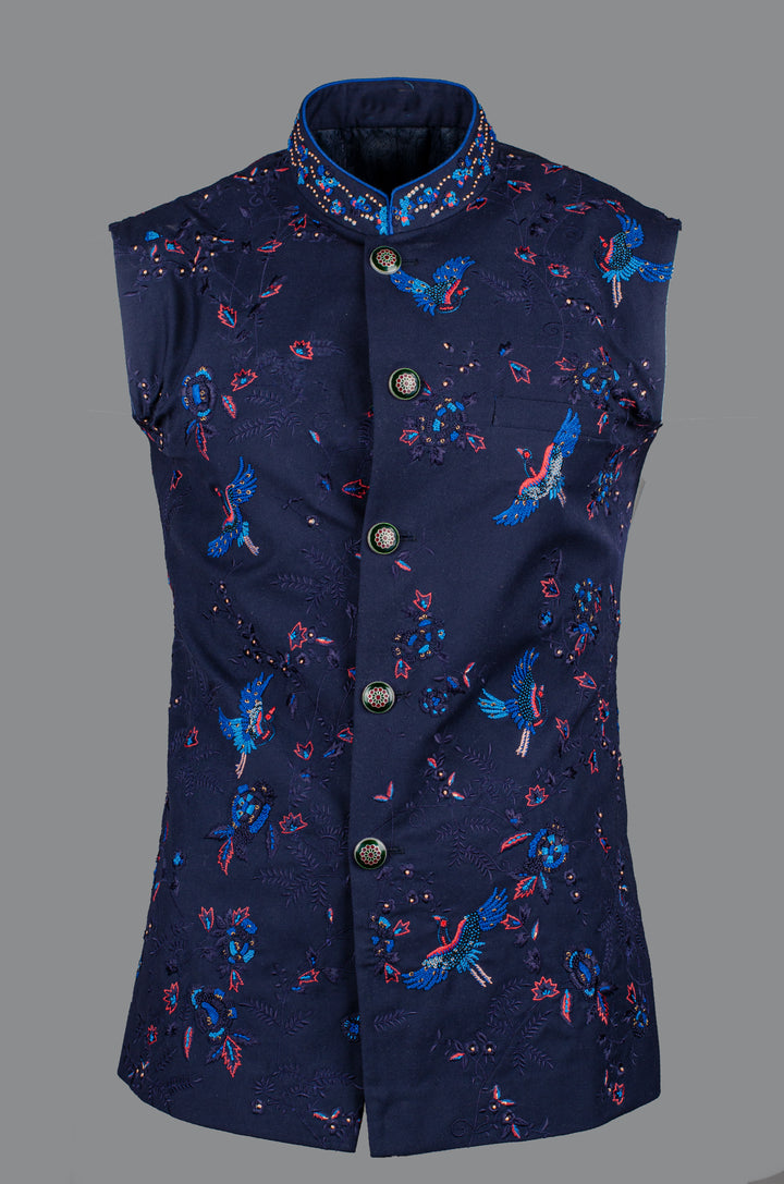 Men’s Blue Silk Bundi with Hand & Machine Embroidered Booti Work