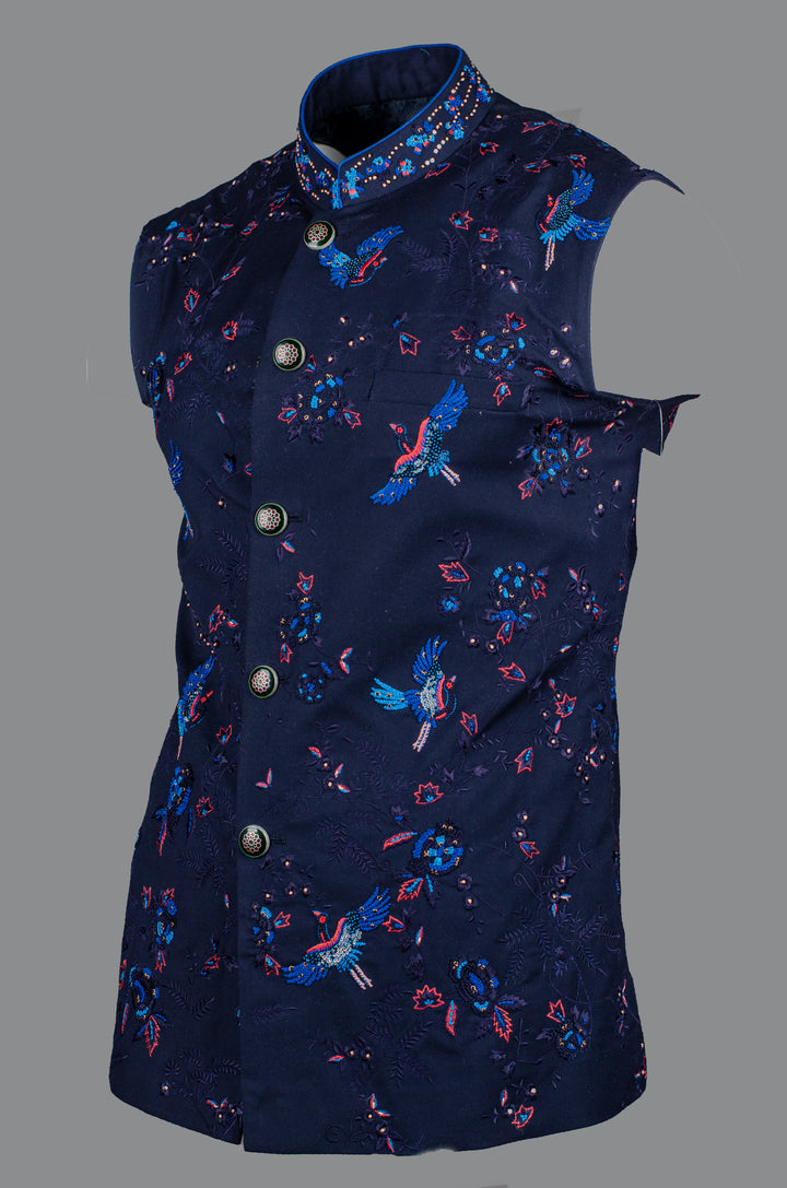 Men’s Blue Silk Bundi with Hand & Machine Embroidered Booti Work