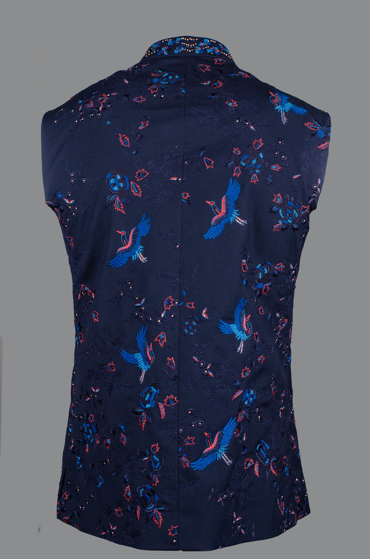 Men’s Blue Silk Bundi with Hand & Machine Embroidered Booti Work