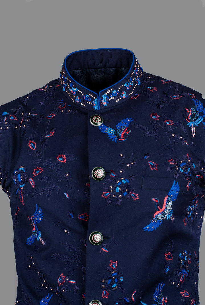 Men’s Blue Silk Bundi with Hand & Machine Embroidered Booti Work