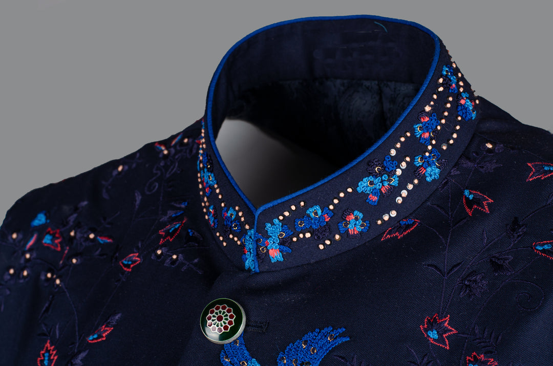 Men’s Blue Silk Bundi with Hand & Machine Embroidered Booti Work