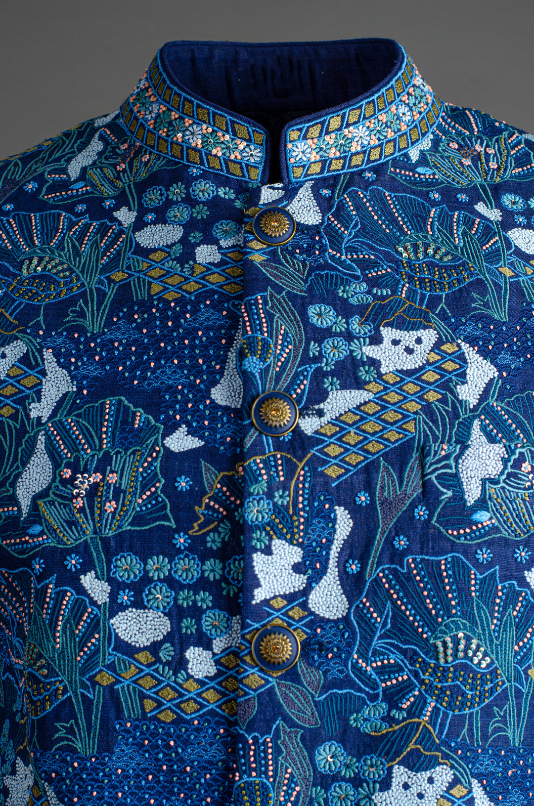 Men’s Blue Matka Silk Bundi with Heavy Hand & Machine Embroidery