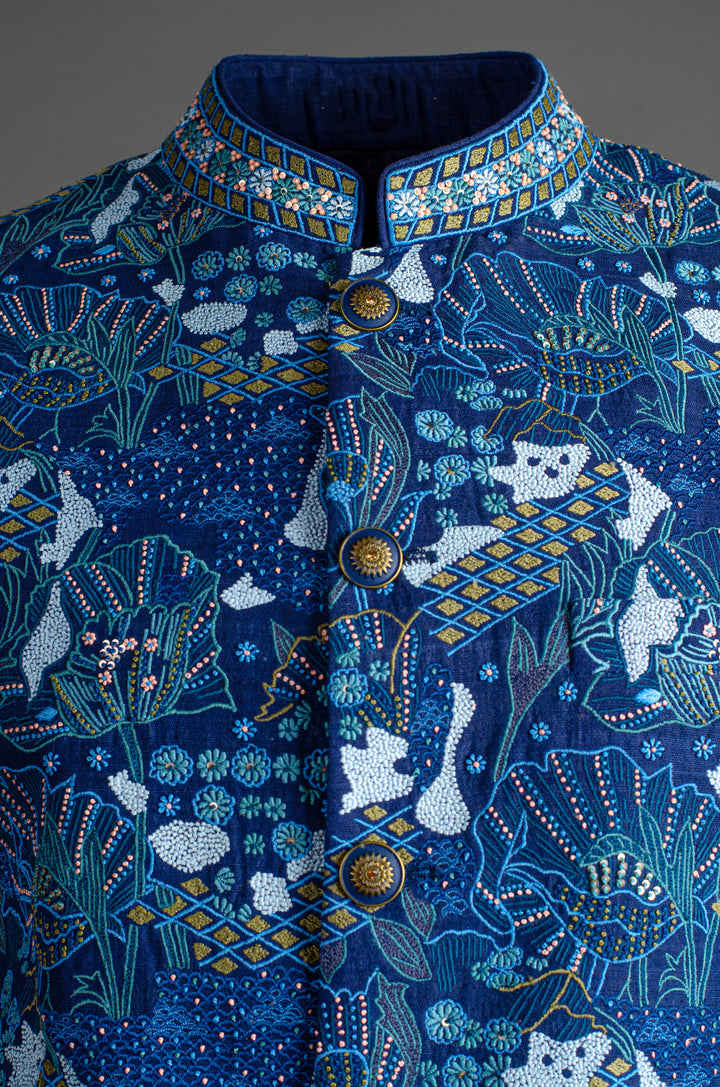 Men’s Blue Matka Silk Bundi with Heavy Hand & Machine Embroidery