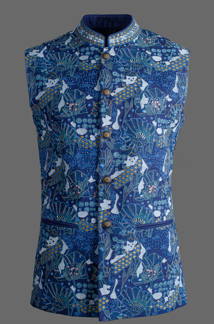 Men’s Blue Matka Silk Bundi with Heavy Hand & Machine Embroidery