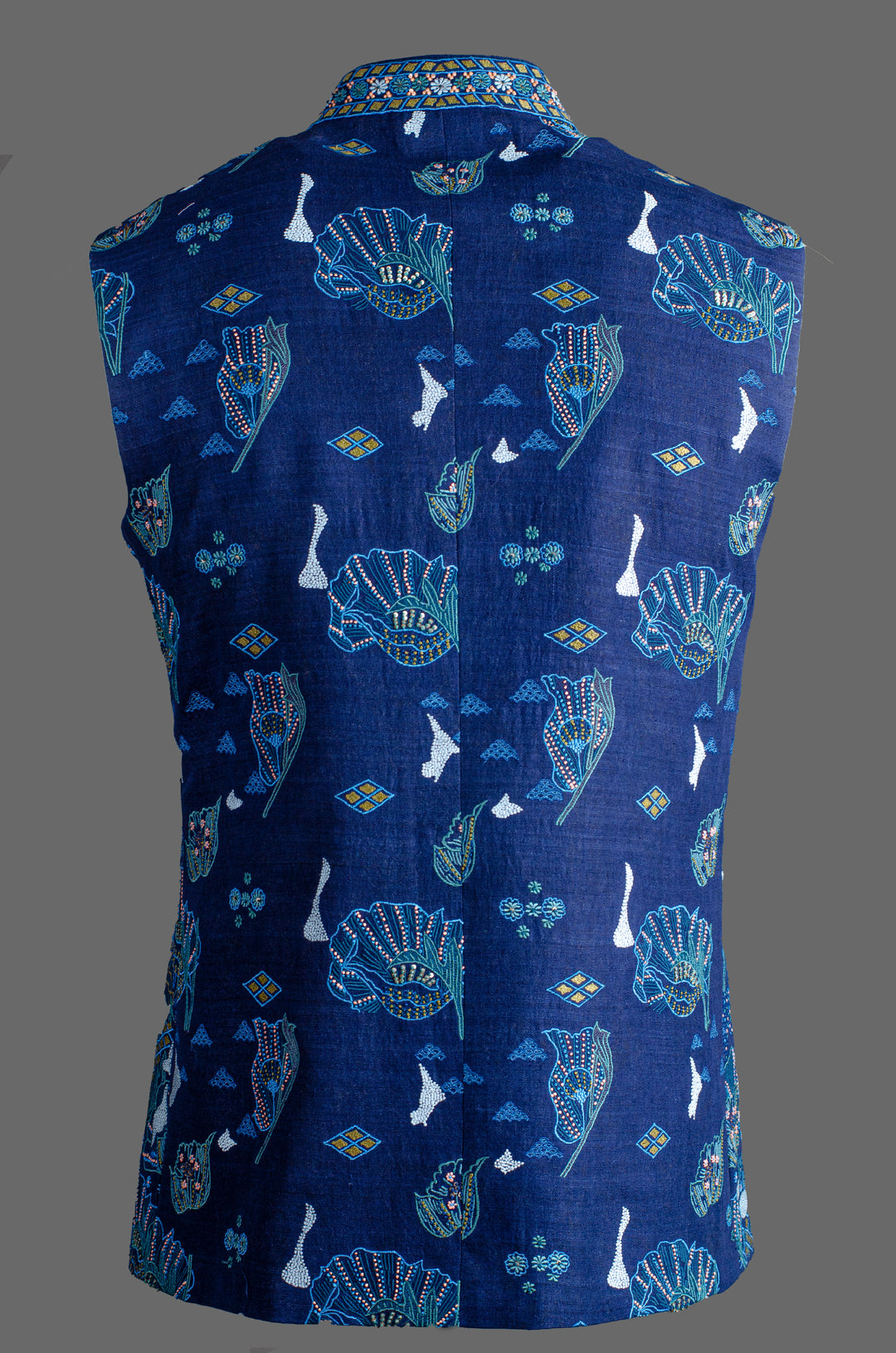Men’s Blue Matka Silk Bundi with Heavy Hand & Machine Embroidery