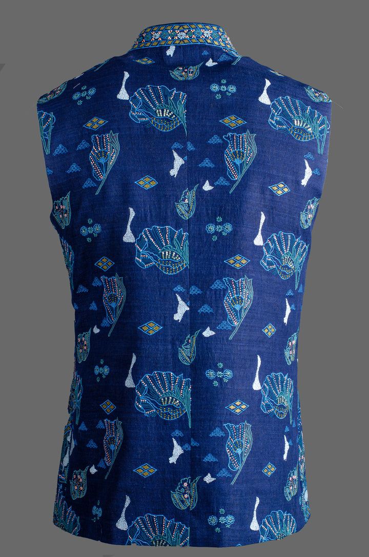 Men’s Blue Matka Silk Bundi with Heavy Hand & Machine Embroidery