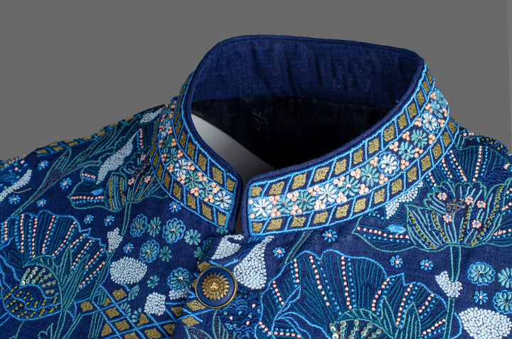 Men’s Blue Matka Silk Bundi with Heavy Hand & Machine Embroidery