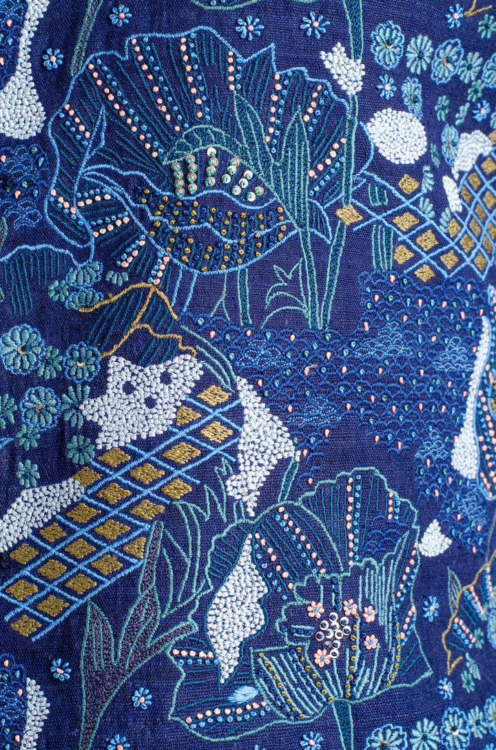 Men’s Blue Matka Silk Bundi with Heavy Hand & Machine Embroidery
