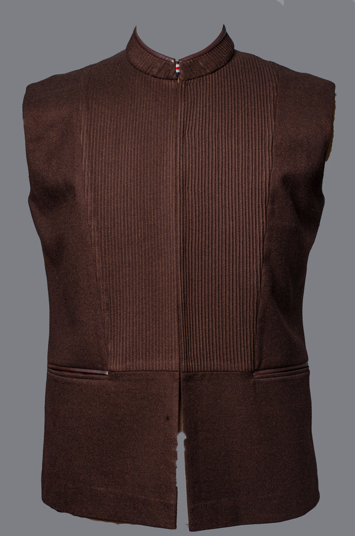 Brown Wool Blend Bundi for Men | Pintuck Detailed Nehru Jacket | Smart Ethnic & Formal Wear
