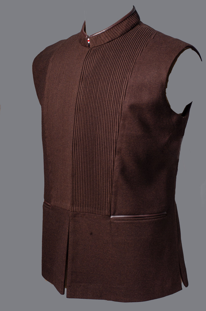 Brown Wool Blend Bundi for Men | Pintuck Detailed Nehru Jacket | Smart Ethnic & Formal Wear