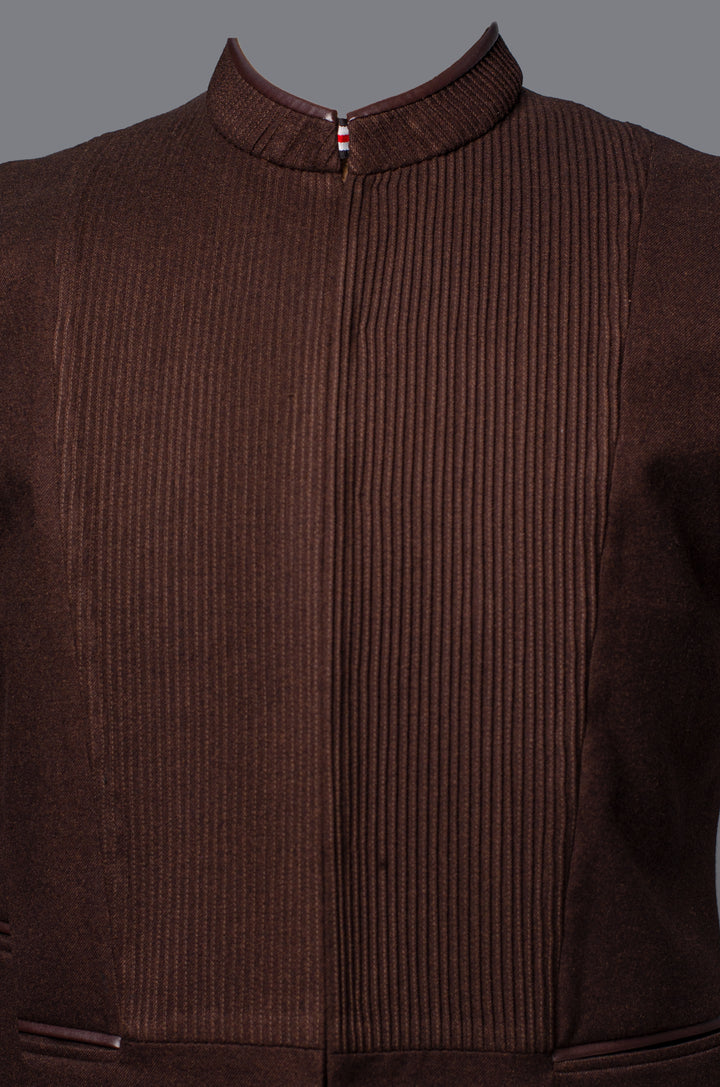Brown Wool Blend Bundi for Men | Pintuck Detailed Nehru Jacket | Smart Ethnic & Formal Wear