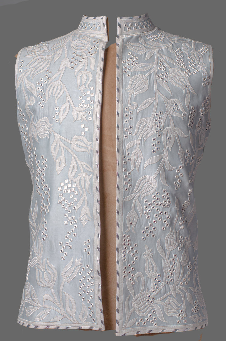 Sky Blue Chanderi Bundi for Men | Mirror Work Nehru Jacket | Designer Festive & Wedding Wear