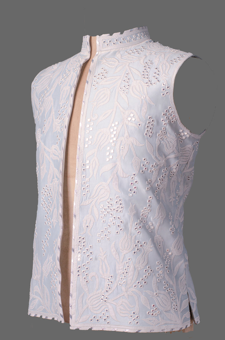 Sky Blue Chanderi Bundi for Men | Mirror Work Nehru Jacket | Designer Festive & Wedding Wear
