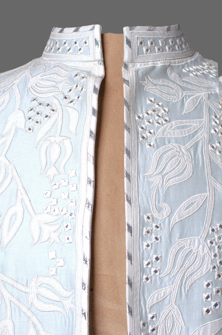 Sky Blue Chanderi Bundi for Men | Mirror Work Nehru Jacket | Designer Festive & Wedding Wear