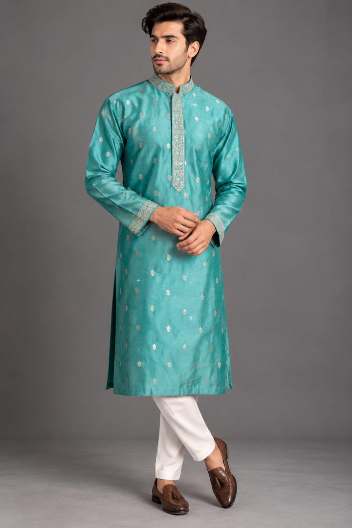 Green Silk Kurta for Men | Machine & Hand Embroidered Designer Kurta | Luxury Wedding & Festive Wear