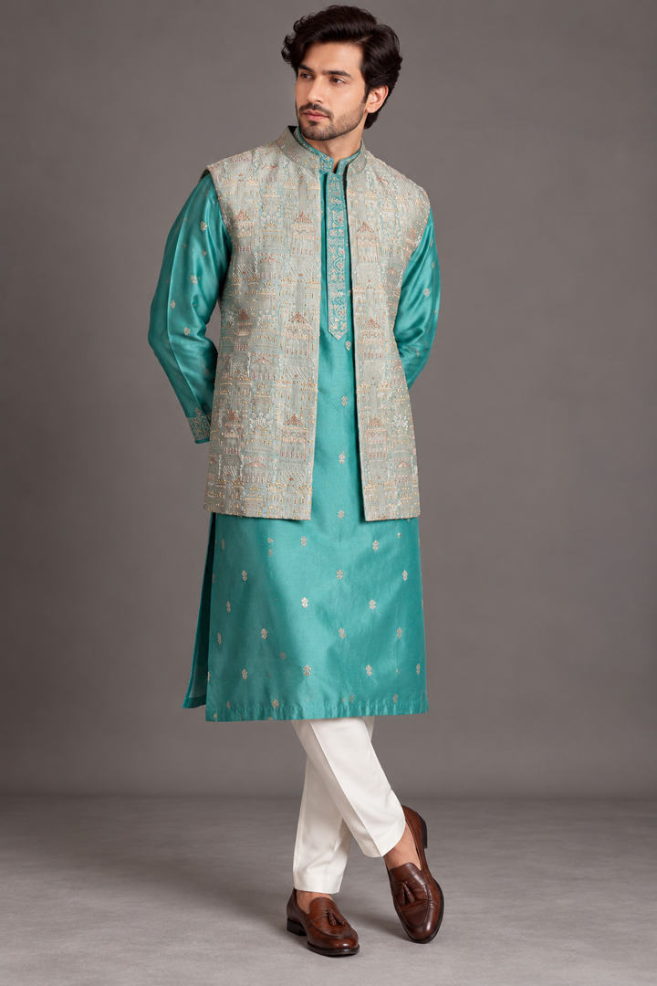 Green Silk Kurta & Aqua Brocade Bundi Set for Men | Hand Embroidered Designer Ethnic Set | Luxury Wedding & Festive Wear
