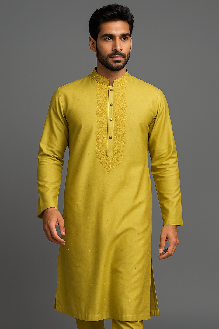 Lemon Yellow Cotton Silk Kurta Set
