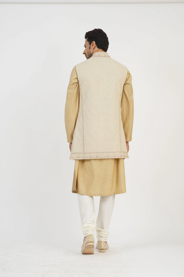 Beige Geometric Embroidered Long Bundi Kurta Set