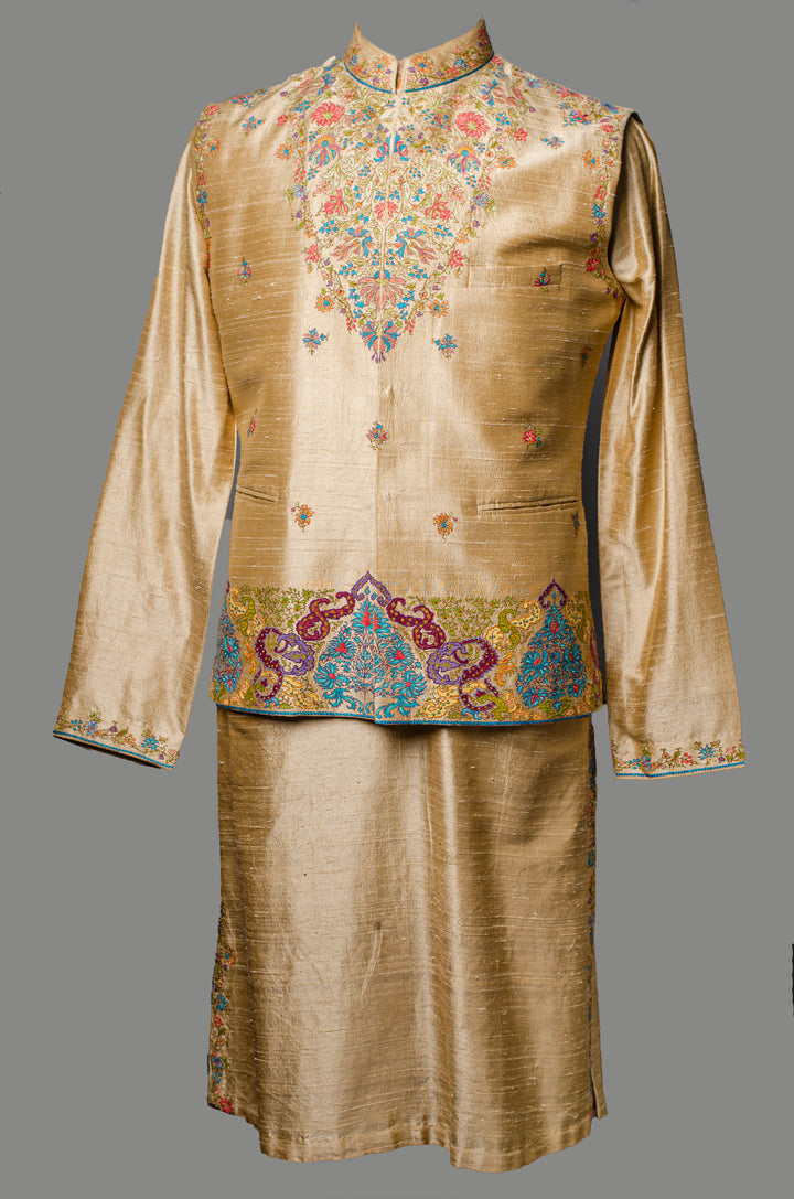 Men’s Beige Raw Silk Kurta Bundi Set with Kashmiri Embroidery