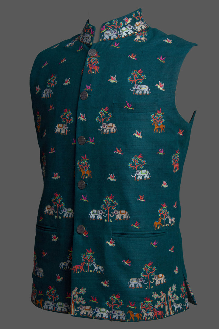 Dark Green Matka Silk Bundi for Men | Embroidered Nehru Jacket | Wedding & Festive Wear