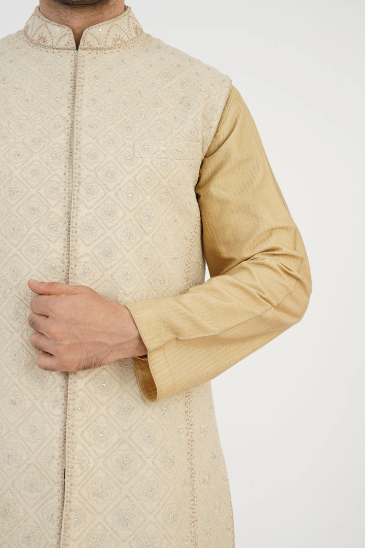 Beige Geometric Embroidered Long Bundi Kurta Set