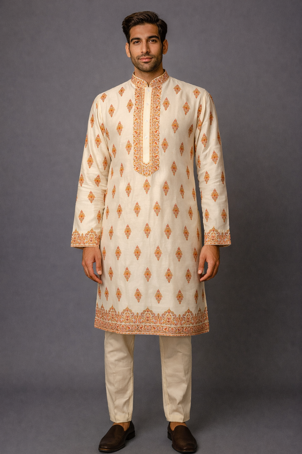 Off‑White Chanderi Kurta Set with Kashmiri Booti Embroidery,front