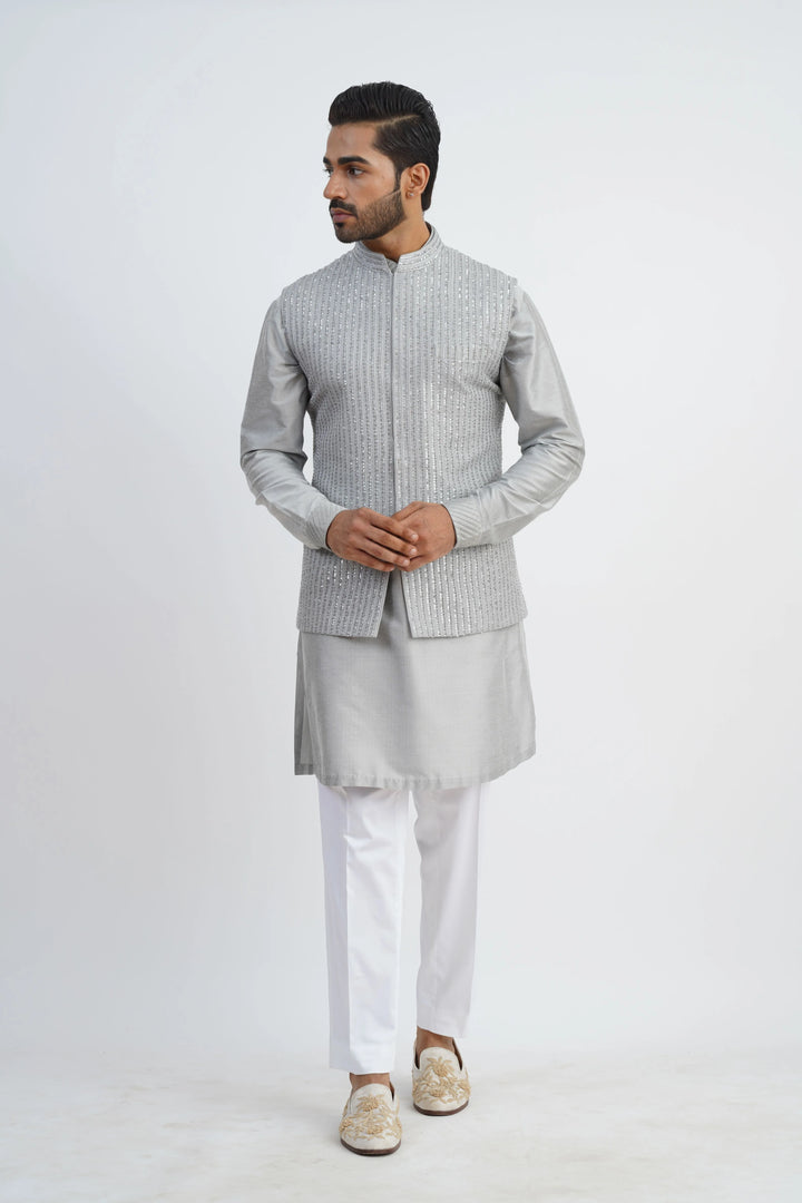 Grey Sequined Bundi Kurta Set