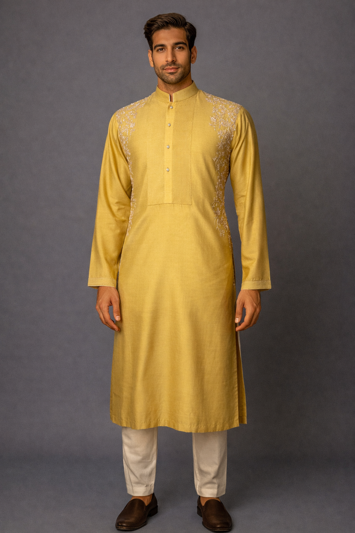 Lemon Yellow Cotton Silk Kurta Set with Pintucks, Dori & Hand Embroidery, front model 