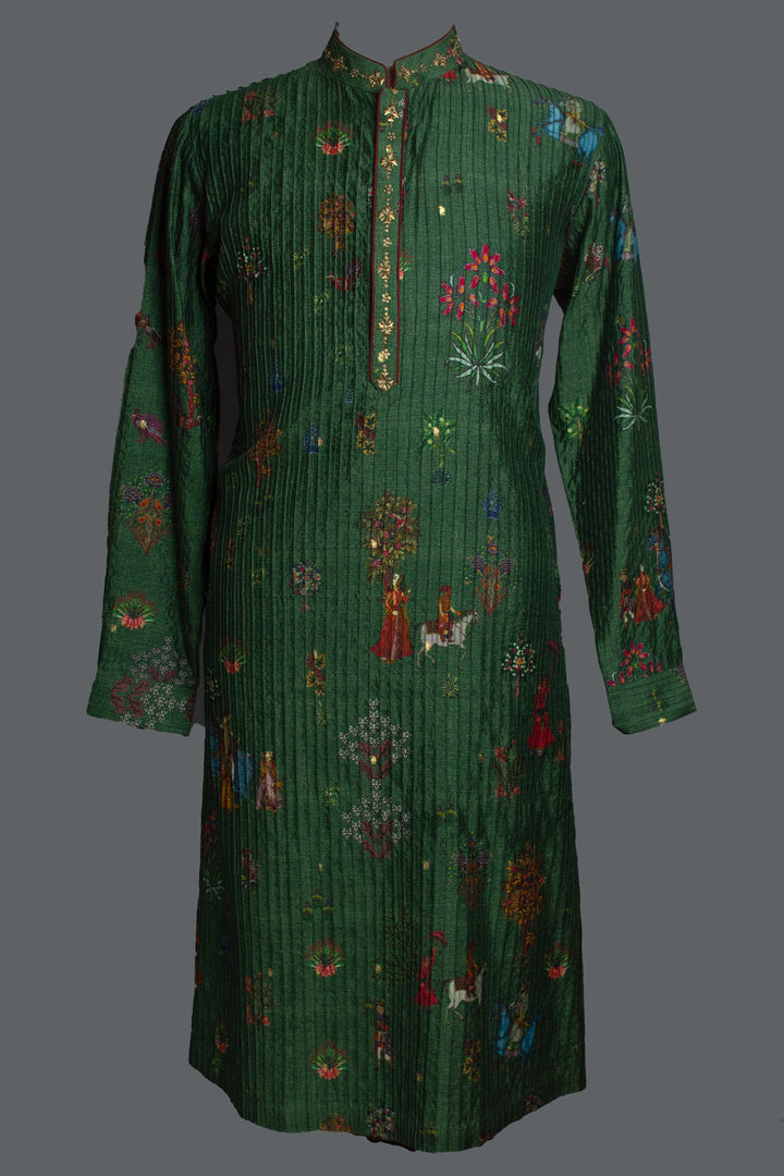 GREEN PRINTED ALL OVER PINTUCKS KURTA SET