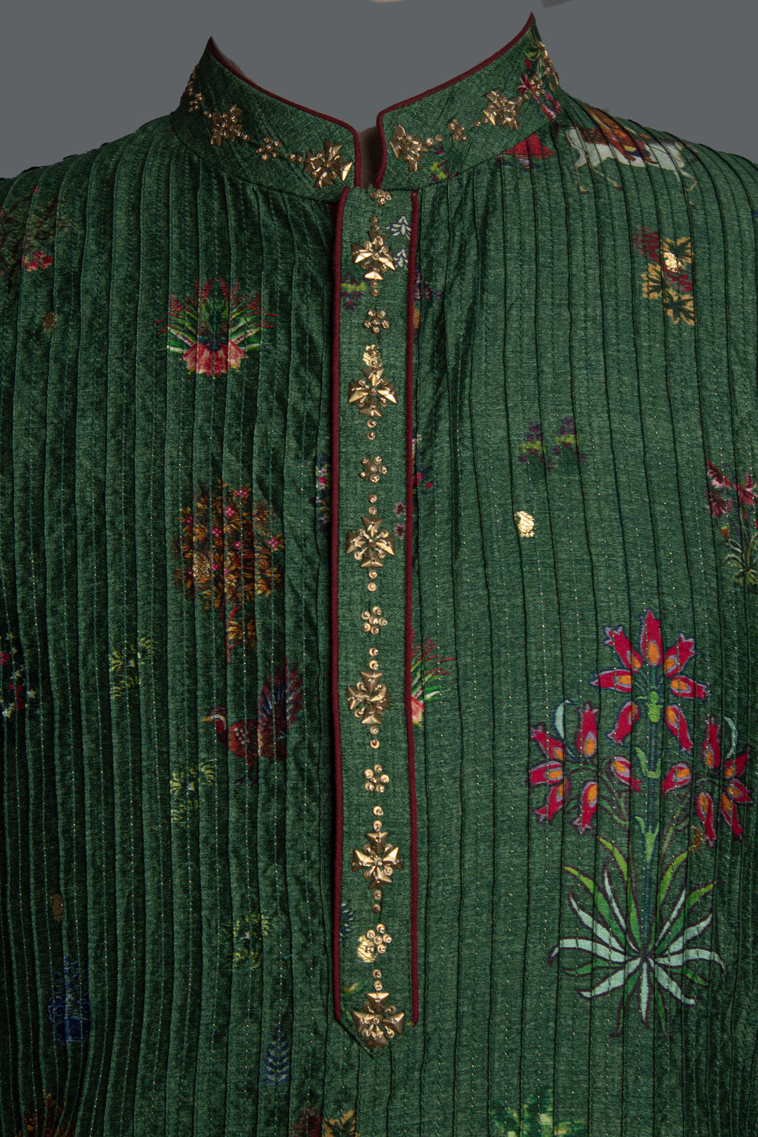 GREEN PRINTED ALL OVER PINTUCKS KURTA SET